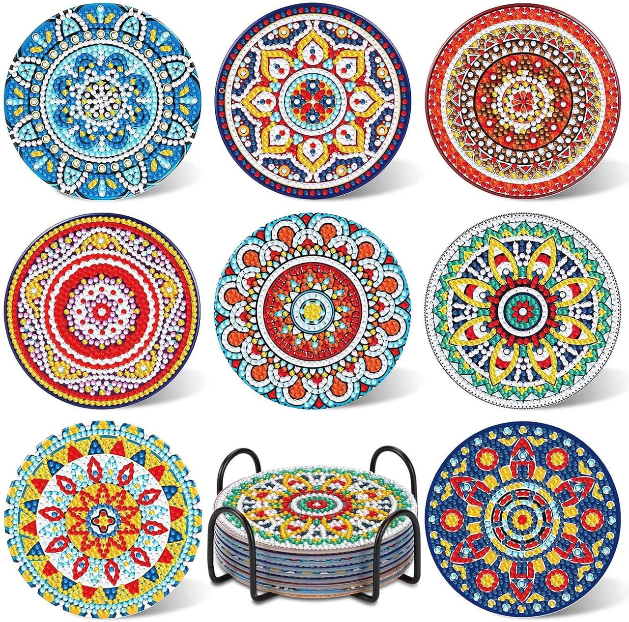 8Pcs Mandala Diamond Painting Coasters for Drinks Boho Coaster DIY Art Kits Adults Kids Beginners Craft Supplies (Mandala), 3.93Inch*3.93Inch (340-4681)